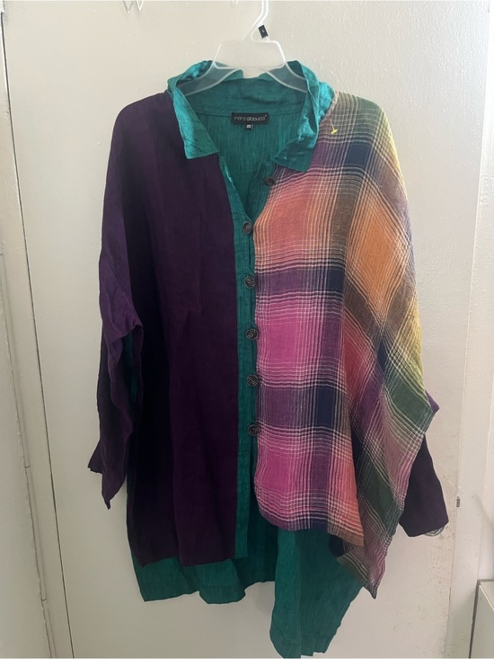 Mara Gibbucci Teal Lightweight Button plaid patch work Front Top